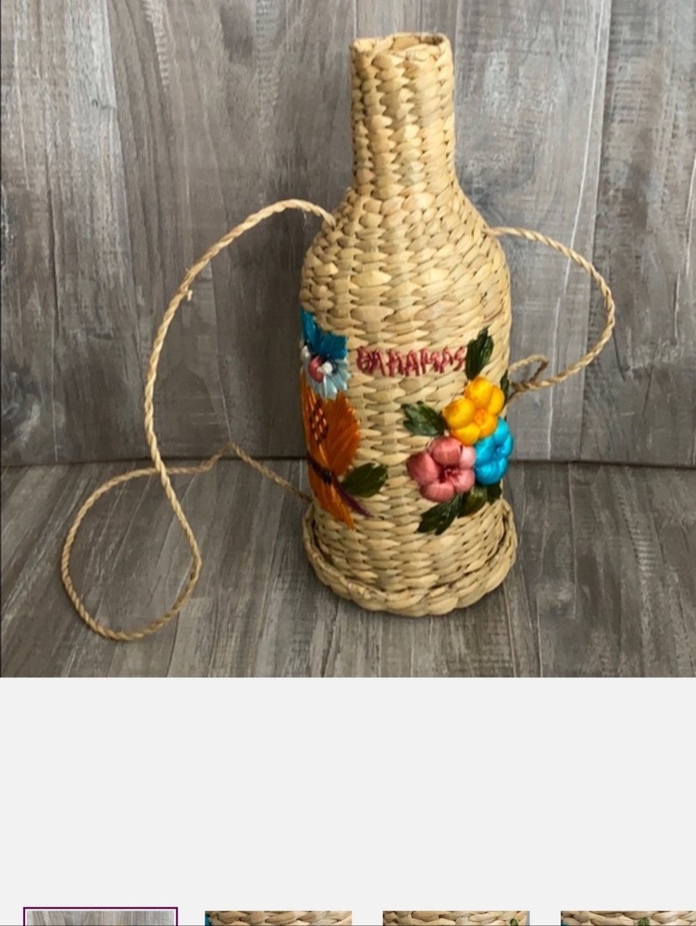 Vintage Bahamas Straw Woven Wine Bottle Tote Tropical Multicolored